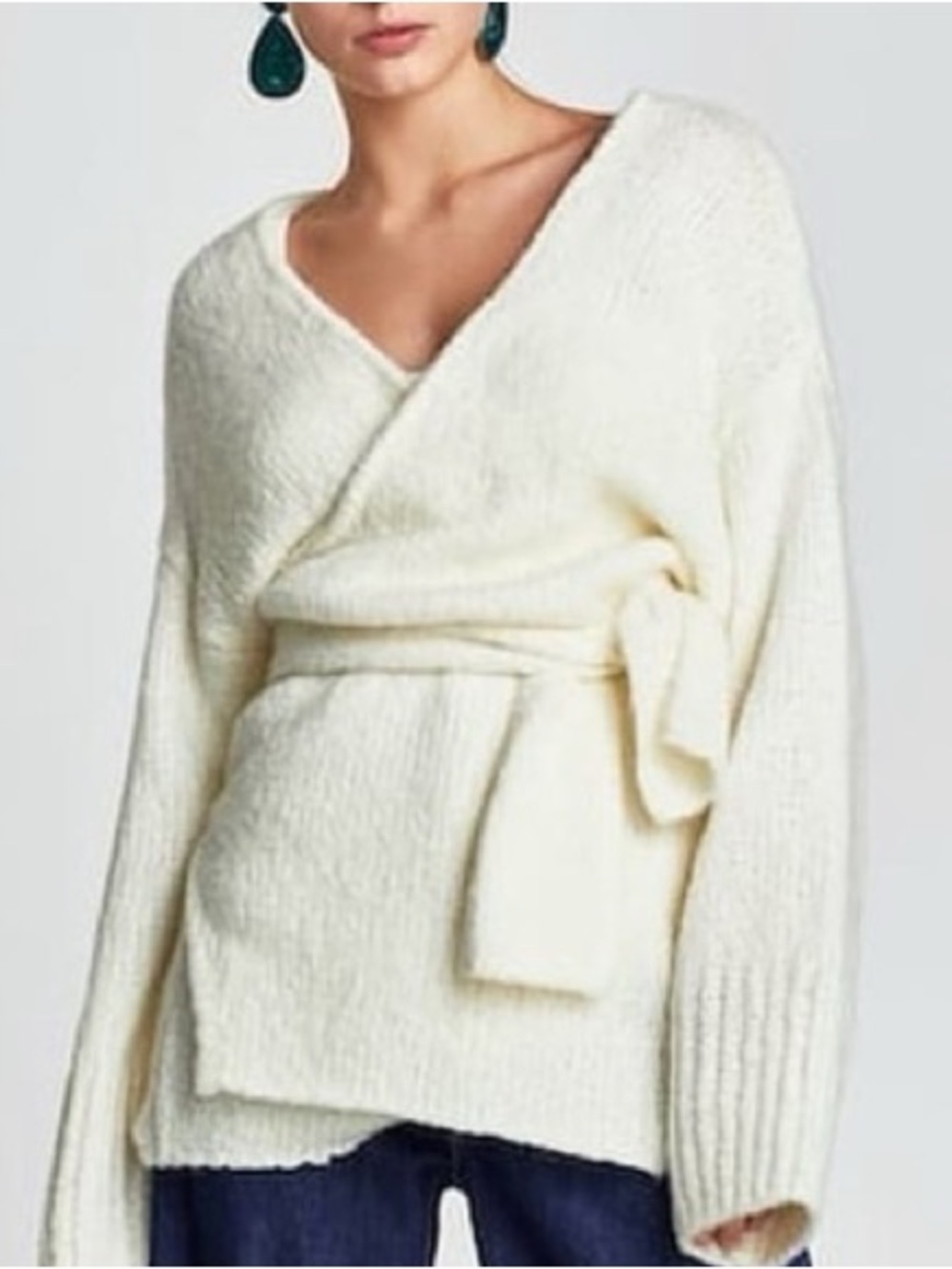 Zara Cream Wrap Belted Knit Sweater